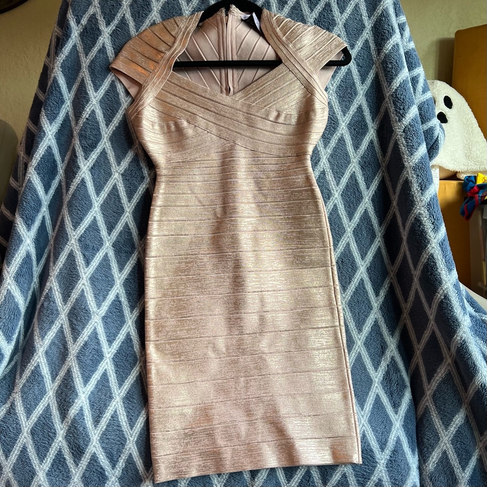 Herve Leger by Max Azaria Shimmering Beige Bandage Dress